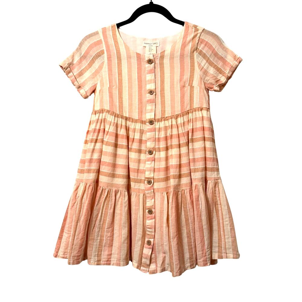 Happliy Grey Kids Dress Neutral Striped Short-Sleeve Button-Front Linen Girls 10